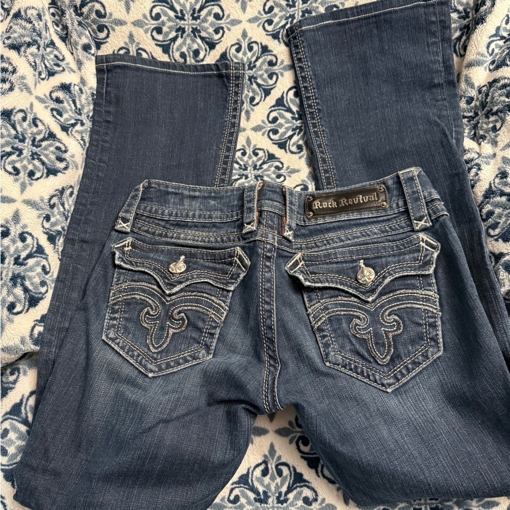 Rock Revival Dark Blue Boot Cut Jeans with Embroidered Back Pockets